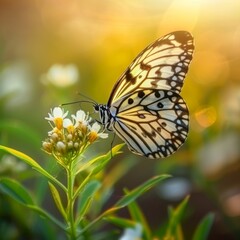 Obraz premium Beautiful Butterfly on Blurred Background, Rice Paper Butterfly Banner with Copy Space, Meadow Butterfly