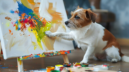 Canine artist painting a colorful masterpiece on a canvas.


