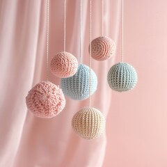 Baby crib mobile balls on pink background, knitted toy for children, hanging knitted balls