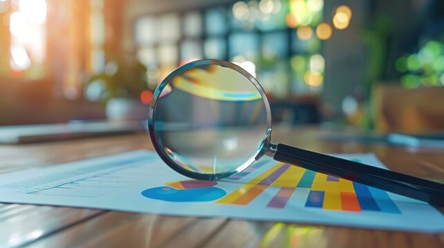 magnifying glass and data report on the table, business analysis concept