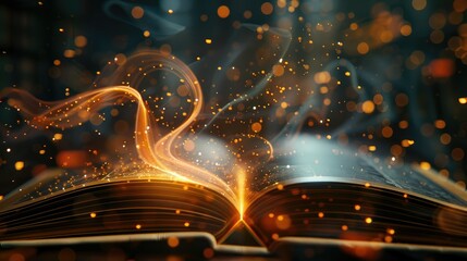 3D render of a book opening with digital streams