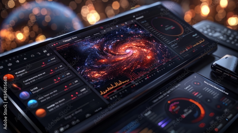 Poster a futuristic tablet displays a close up of a galaxy, with vibrant colors and intricate details. the 