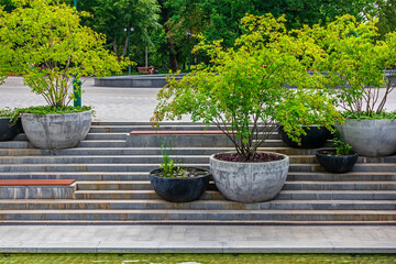 Stone staircase and embankment near a pond in the city garden. Modern urban park design with large vases for trees