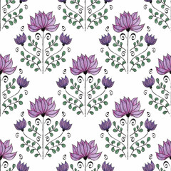 Hand drawn seamless floral pattern. Liner and pencils