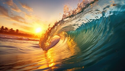 Beautiful Ocean Wave Crashing at Sunset with Splash and Dramatic Sky. Golden Hour Evening Seascape Background
