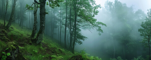 Obraz premium A mystical forest in the fog.