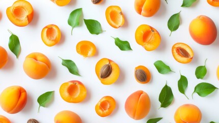 Fresh apricots and slices on a white background
