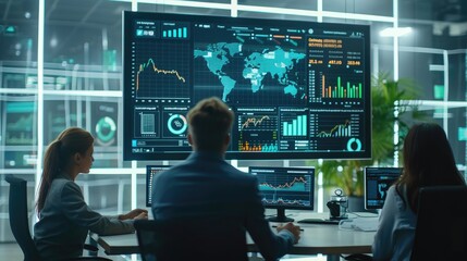 A team of three professionals analyze data on a large screen in a modern office setting.