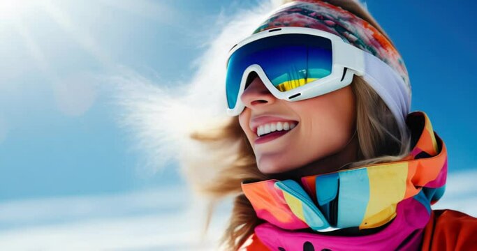 smiling female skier with goggles on blue sky background on sunny winter day. ski vacations