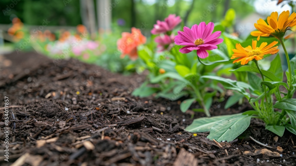 Poster a close-up view of pink and yellow flowers blooming in a garden with dark brown mulch. the flowers a