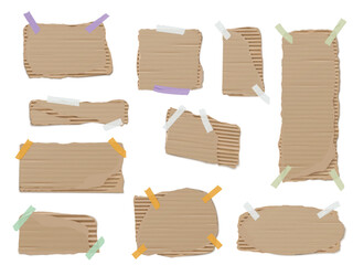 Realistic piece of torn cardboard with sticky tape vector set, ripped corrugated brown paper fragment, notice collage