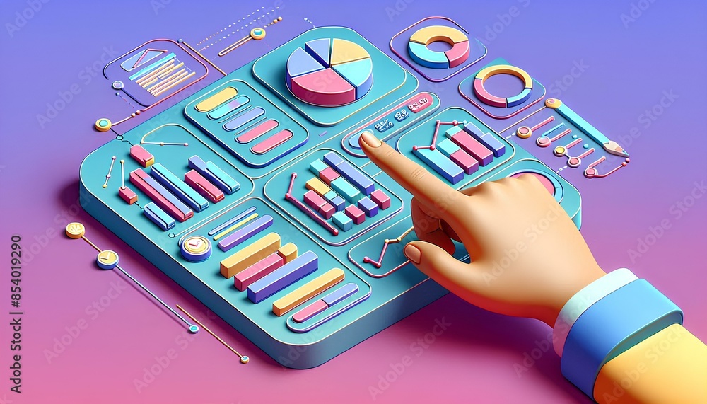 Poster a hand pointing at a digital dashboard with colorful graphs and charts, on a blue and pink backgroun