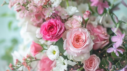 Close-up of a gorgeous bouquet of pink and white roses, with delicate petals and vibrant colors. Arranged with other flowers for a stunning floral display.