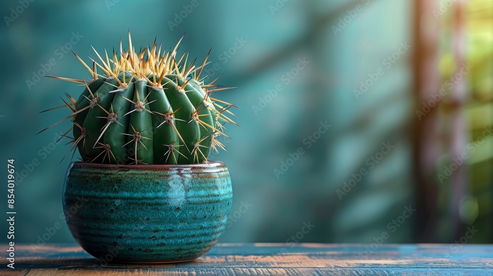 Poster a green cactus with sharp spines sits in a blue ceramic pot on a wooden table. the background is a b