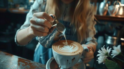 Fototapeta premium Close up of male hands doing latte art. concept