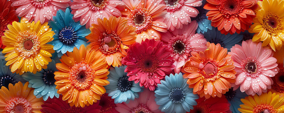 background of colorful frozen germini summer flowers