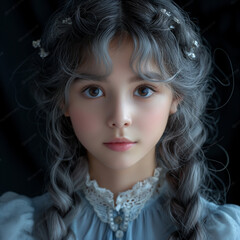 Fototapeta premium Portrait of a young girl with long, silver hair styled in braids, wearing a light blue dress and delicate floral hair accessories.