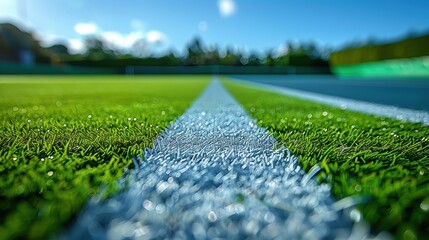 Close-up shot of a fresh grass tennis court on a sunny day, capturing the fine details of the white line and vibrant green grass.