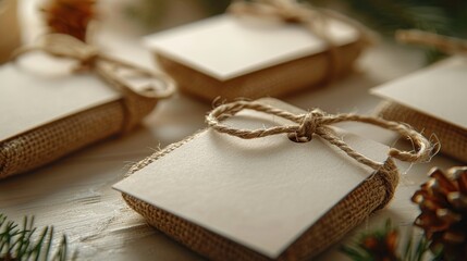 Fototapeta premium Festive holiday gifts wrapped in burlap and adorned with twine on a table, creating a warm, rustic Christmas vibe.