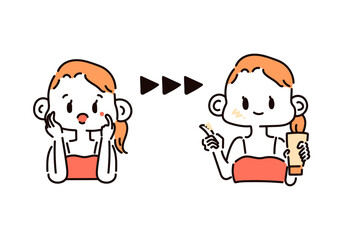 ニキビに悩む女性のビフォーアフターのイラスト