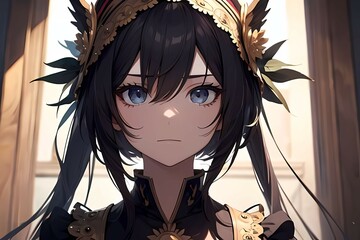 Anime Character with Dark Hair and Floral Headpiece