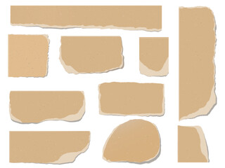 Piece of torn brown paper vector set, ripped cardboard fragment various shapes, marble chips texture, notice board collage