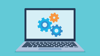 Laptop with gears on the screen. There are three gears on the laptop screen. One is orange and two are in different shades of color. Vector graphics in a flat style.