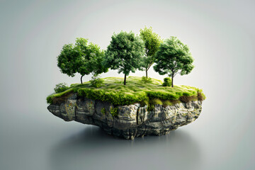 3D illustration of floating island with vibrant green grass and trees. The serene and surreal scene makes it an ideal background for travel and vacation themes, evoking a sense of adventure fantasy