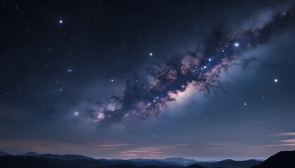 Naklejka premium Background image, wispy nebula clouds and distant stars against a faint cosmic background, creating a serene, otherworldly atmosphere. Generative AI, Generative, AI