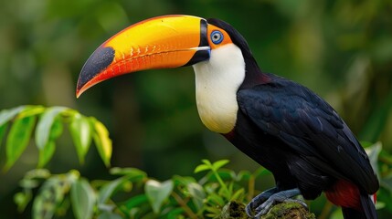 Majestic Toco Toucan (Ramphastos toco) with its vivid beak, set against the rich greenery of the Amazon rainforest.