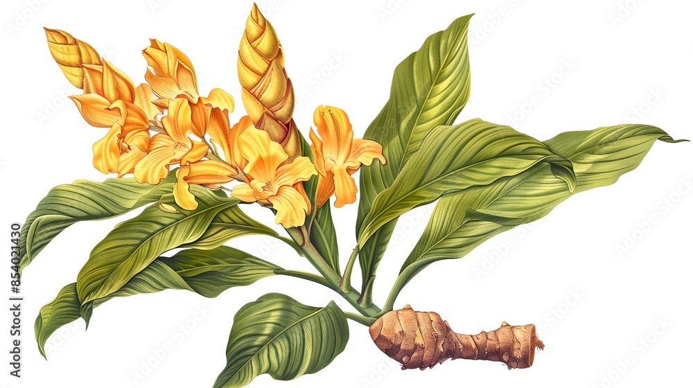 Wall mural a botanical illustration of a turmeric plant, highlighting its unique leaves, flowers, and root.