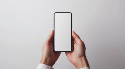 Hand holding blank smartphone on white background