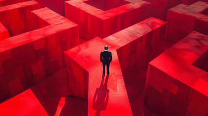 Businessman in center of red maze looking around
