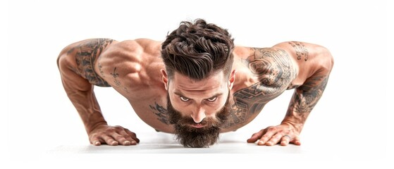 Muscular tattooed man with beard doing push-ups. Demonstrating physical strength and fitness in gym or home workout routine.