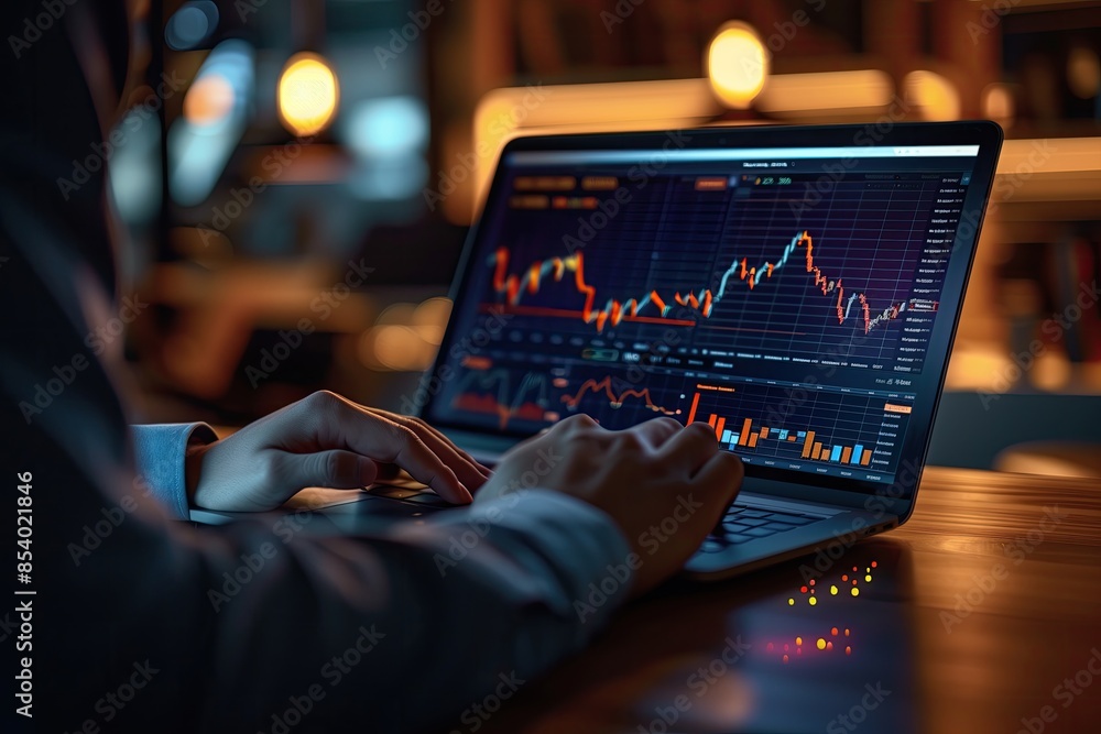 Poster businessman working on laptop with stock market graph and financial data. dynamic business growth ch