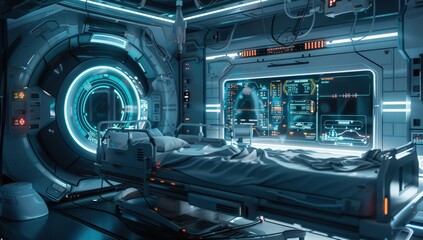 A futuristic hospital room with a bed and monitors