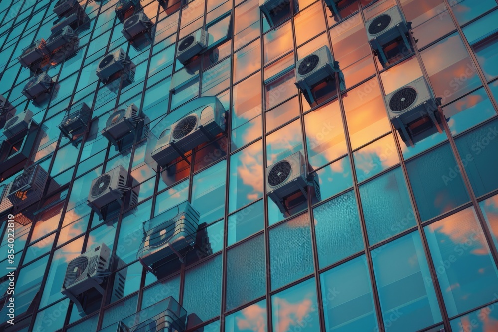 Poster a modern building with multiple air conditioning units installed on its exterior, providing cooling 