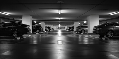 A modern parking garage filled with rows of parked vehicles
