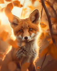 Obraz premium enchanting close-up portrait of a playful young fox with golden fur and autumn leaves, highlighting the beauty of nature