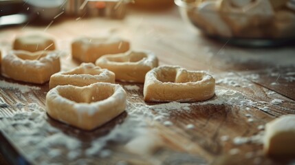 A wooden table filled with doughnuts covered in powdered sugar, perfect for a bakery or coffee shop display
