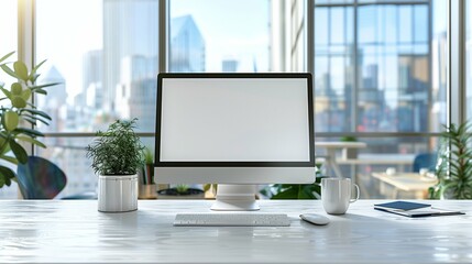 Fototapeta premium Front View of Blank White Computer Screen on Office Desk with Coffee Cup and Plants, Cityscape Visible Through Large Window in Background, Highlighting Modern Workspace Setup