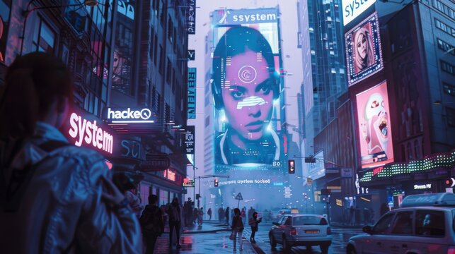 Futuristic city street with towering neon advertisements and a crowd of people at night