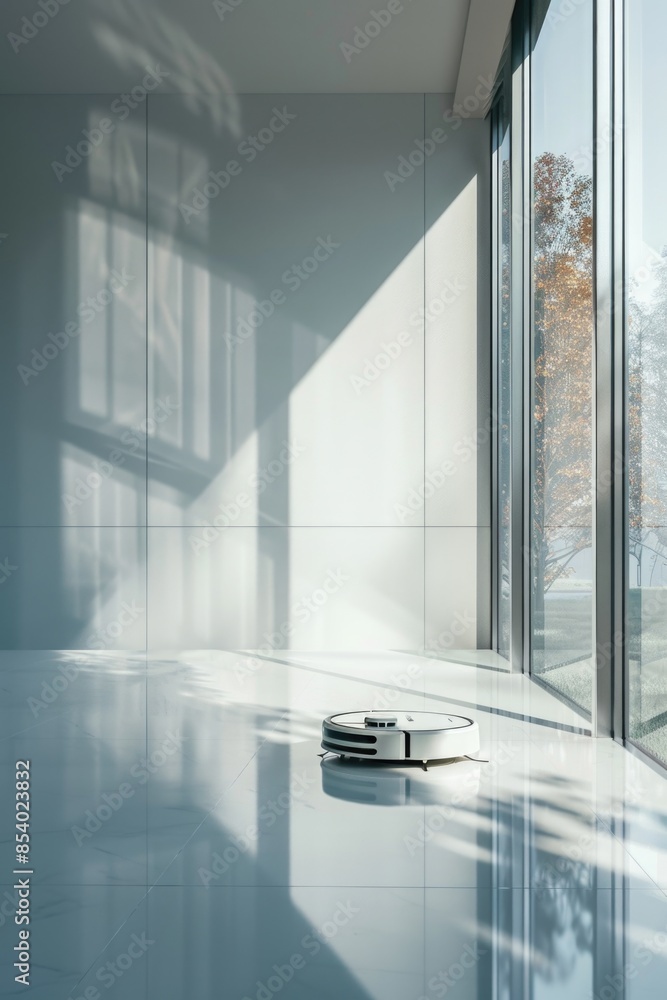 Poster A robot sits on the floor of a room with large windows, offering a unique perspective