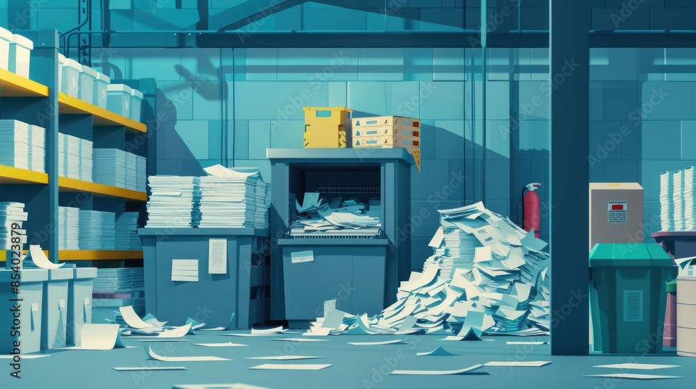 Poster a stack of documents or files scattered on the ground, possibly indicating chaos or disorganization