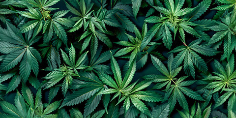 Patrón de hojas de cannabis verde sobre fondo negro: Diseño plano, vista superior, alta resolución, increíblemente detallado e intrincado, enfoque nítido, HDR, gradación de color profesional, composic