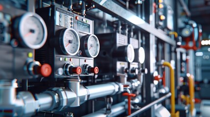 A room filled with various industrial gauges and valves