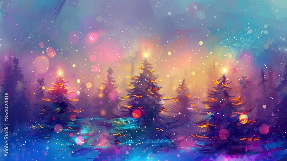 Wall mural Festive Christmas Forest with Sparkling Lights. Abstract Colorful Christmas Trees in Fog, Magical Forest with Bright Bokeh Light Effects, New Year's Card Illustration