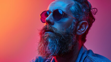 Naklejka premium Artistic portrait of a man with face obscured, colorful lighting and denim jacket