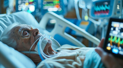 Elderly patient in hospital bed with oxygen mask