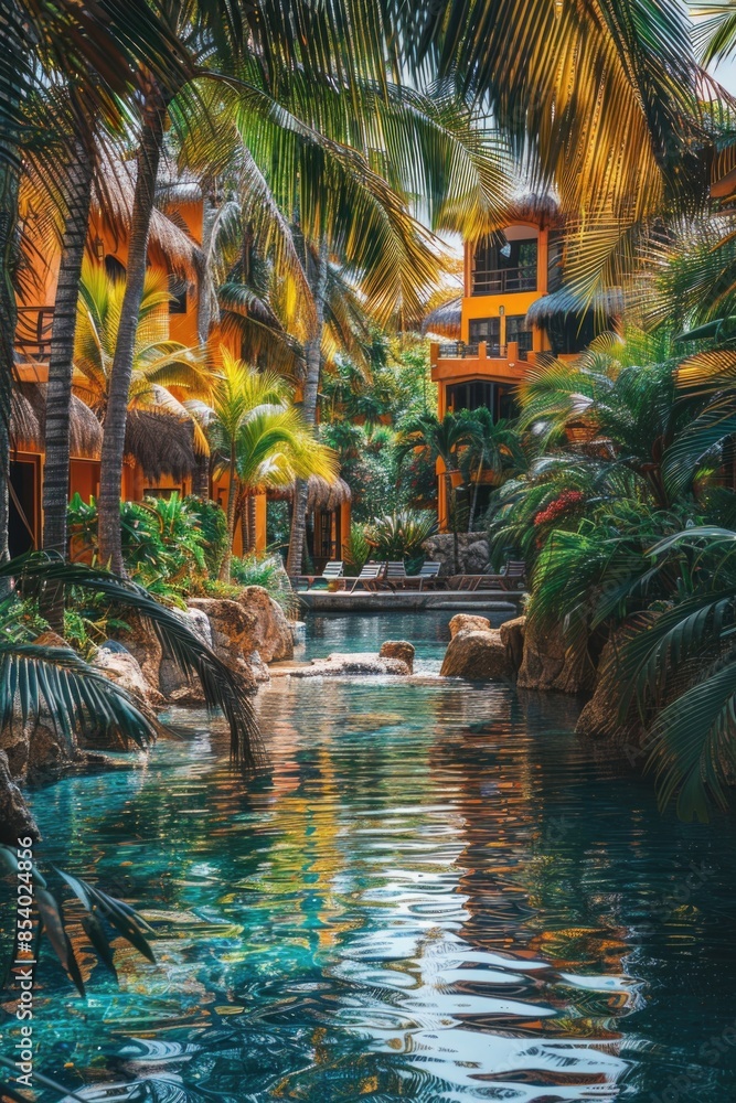 Poster a serene scene of a river flowing through a lush green forest surrounded by tall palm trees